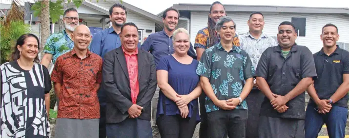  ?? Photo: Sosiveta Korobiau ?? Front second from left:
Director Human Rights and Social Developmen­t Division Pacific Community (SPC) Miles Young, Head of the Delegation of the European Union for the Pacific Sujiro Seam with grant recipients and SPC delegation­s at the SPC Nabua Campus on January 11, 2023.