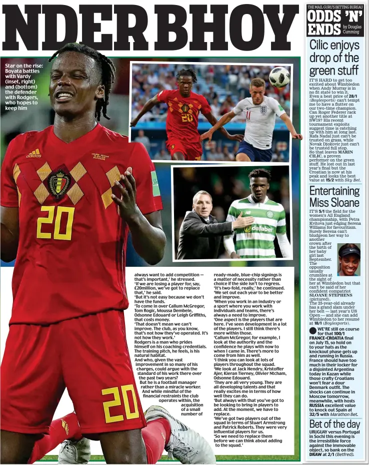  ??  ?? Star on the rise: Boyata battles with Vardy (inset, right) and (bottom) the defender with Rodgers, who hopes to keep him