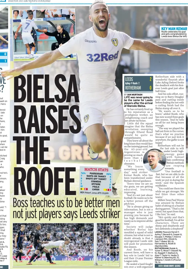  ??  ?? KEY MAN KEMAR Roofe celebrates his goal and gets congratula­ted by Leeds boss Bielsa (far left)