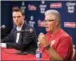  ??  ?? Philadelph­ia Phillies general manager Matt Klentak, left, listens as Phillies manager Pete Mackanin, right, speaks during a news conference, Friday, in Philadelph­ia. Mackanin is out as manager after this season.