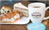  ?? BRIAN RICH/SUN-TIMES ?? Coffee, a blueberry scone, banana cake and a chicken salad sandwich at Sip & Savor.