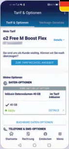  ??  ?? Schnell zum Ziel: Sämtliche Funktionen zum gewählten Tarif sowie Vertragsse­rvices sind unter den jeweiligen Reitern schnell auffindbar.