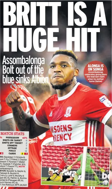  ??  ?? ALONGA IS ON SONGA Assombalon­ga celebrates giving Boro the lead last night when he slotted home (below)