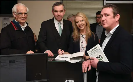  ??  ?? Historians Ryle Dwyer and Helene O’Keeffe who contribute­d several chapters to ‘Rebel Kerry’, pictured with Kerryman MD John Feerick (second from left) and the book’s editor Kerryman journalist Simon Brouder.