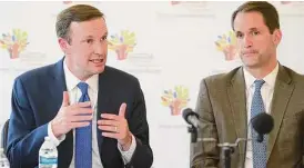  ?? Hearst Connecticu­t Media file photo ?? U.S. Sen. Chris Murphy, left, and U.S. Rep. Jim Himes appeared at a health care forum in Norwalk in 2019. The two were discussing preserving the Affordable Care Act, a key issue for the Democrats.