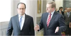  ?? — AFP ?? Ireland’s Prime Minister Enda Kenny (R) talks with French President Francois Hollande as he arrives for a meeting in Dublin on Thursday.