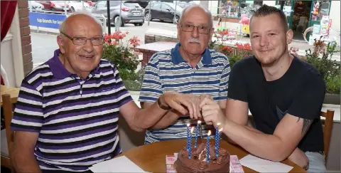  ??  ?? Joe Robinson, Michael Brennan and Daryl Hennessey were honoured with a party to mark their finishing up as attendents at the Abbey Centre carpark recently by the bussiness owners and friends of the Abbey Centre Mall.