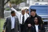  ?? ASSOCIATED PRESS ?? Bill Cosby arrives for his sexual assault trial, waving to fans he’s OK, after nearly stumbling from the SUV he arrived in, at the Montgomery County Courthouse Thursday in Norristown.