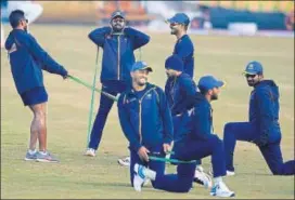  ??  ?? Sri Lanka players during a practice session at the Pindi Cricket Stadium ahead of the first Test against Pakistan, in Rawalpindi on Tuesday. AFP