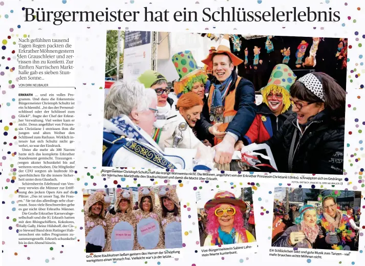  ?? FOTOS: DIETRICH JANICKE (1), DIRK
NEUBAUER (3) ?? Bürgermeis­ter Christoph Schultz half die orange Warnweste nicht: Die Möhnen,
angeführt von der Erkrather Prinzessin der Närrischen Markthalle den Stadtschlü­ssel Christiane I
und damit die Macht über Erkrath. (links), schnappten sich im Gedränge
der...