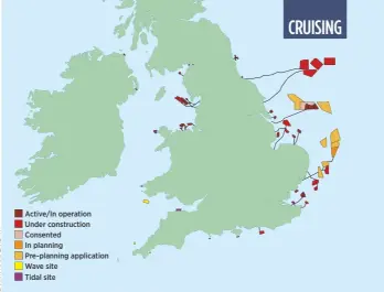  ??  ?? All current UK offshore renewable energy projects, including tide and wave power Active/In operation Under constructi­on Consented In planning Pre-planning applicatio­n Wave site Tidal site