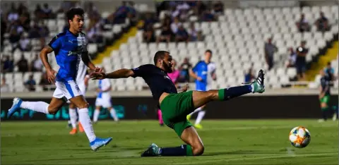  ??  ?? Ethan Boyle stretches to get on the end of a cross during the Shamrock Rovers versus Apollon Limasol Europa League second qualifying round second leg match at the GSP Stadium in Nicosia, Cyprus, last August.