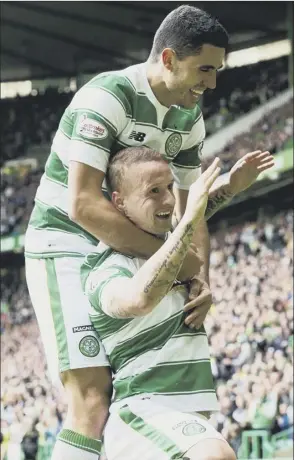  ?? Picture: SNS ?? Celtic’s Leigh Griffiths celebrates with fellow goalscorer Tom Rogic, top