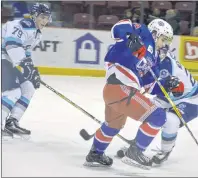  ?? JASON SIMMONDS/JOURNAL PIONEER ?? Summerside D. Alex MacDonald Ford Western Capitals forward Chris Chaddock looks to go around Edmundston Blizzard defender Tristan Mercure while Keenan Gillis, 79, hustles back on defence. The action took place during Thursday night’s MHL (Maritime...