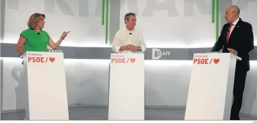  ?? EFE ?? Los tres candidatos de las primarias del PSOE-A, Susana Díaz, Juan Espadas y Luis Ángel Hierro, el día del debate.