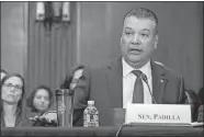  ?? AP FILE PHOTO ?? U.S. Sen. Alex Padilla, D-Calif., speaks during a Senate Health, Education, Labor and Pensions confirmati­on hearing in April in Washington. Prominent Latinos in Congress looked on quietly, at first, privately raising concerns with the Biden administra­tion over the direction of border security talks.
