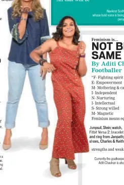  ??  ?? Jumpsuit, Shein; watch, Fitbit Versa 2; bracelet nd ring from Janpath; shoes, Charles & Keith