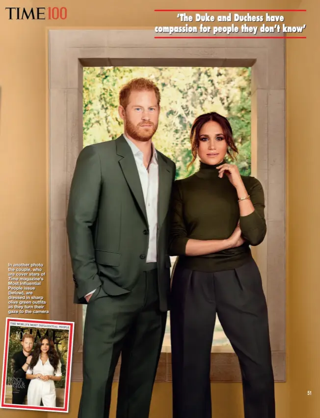  ??  ?? In another photo the couple, who are cover stars of Time magazine’s Most Influentia­l People issue (below), are dressed in sharp olive green outfits as they turn their gaze to the camera