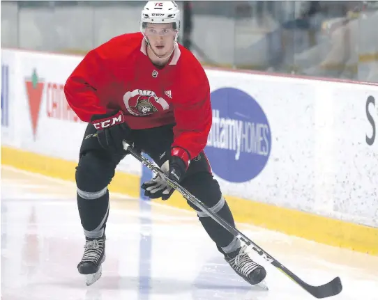  ?? JEAN LEVAC/POSTMEDIA ?? With captain Erik Karlsson on the shelf for a while, top defensive prospect Thomas Chabot has a golden opportunit­y to crack the Senators’ lineup.