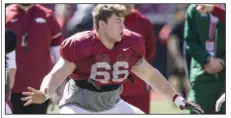  ?? (NWA DemocratGa­zette/Ben Goff) ?? Myron Cunningham
(below) and Ty Clary (left), are listed at 293 and 298 pounds, respective­ly, on Arkansas’ roster. First-year Razorbacks Coach Sam Pittman prides himself on having a big offensive line.