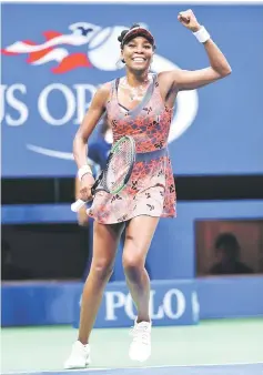  ??  ?? Venus Williams of the US celebates after defeating Petra Kvitova of Czech Republic during the women’s singles quarterfin­al of the 2017 US Open. — AFP photo