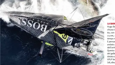  ??  ?? LA BARCA DEL “BOSS” Hugo Boss di Alex Thomson ha chiuso in testa tra gli IMOCA 60, con un tempo di 11 giorni, 23 ore, 10 minuti e 58 secondi, tempo record di categoria. E pensare che Thomson è pure andato a scogli poco prima dell’arrivo in Guadalupa. Questa è stata l’ultima regata del gallese su questa barca dotata di foil, progettata da VPLP Verdier nel 2015 (18,28x4,50 m).