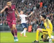  ?? AFP ?? Gabriel Jesus (left) celebrates after scoring Manchester City’s opening goal against Tottenham at Wembley Stadium on Saturday.