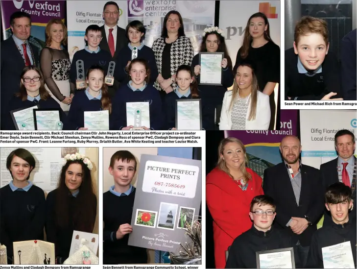  ??  ?? Ramsgrange award recipients. Back: Council chairman Cllr John Hegarty, Local Enterprise Officer project co-ordinator Emer Doyle, Seán Bennett, Cllr Michael Sheehan, Zenya Mullins, Rowena Ross of sponsor PwC, Clodagh Dempsey and Ciara Fenlon of sponsor...