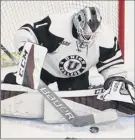  ?? Hans Pennink / Special to the Times Union ?? Union goaltender Jake Kupsky, shown earlier this season, made 30 saves on Friday night.