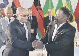  ?? Picture: GCIS ?? OLD FRIENDS. President Jacob Zuma greets Dali Tambo on arrival at Sefako Makgatho presidenti­al guesthouse in Pretoria. Zuma addressed the 2017 national Africa Day celebratio­ns.