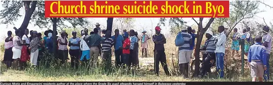  ??  ?? Curious Nketa and Emganwini residents gather at the place where the Grade Six pupil allegedly hanged himself in Bulawayo yesterday