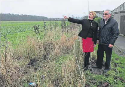  ?? Picture: Dougie Nicolson. ?? Former Fife Council spokeswoma­n for economy and planning Lesley Laird and John McKenzie of Inverkeith­ing Community Council at the Spencerfie­ld site in 2016.