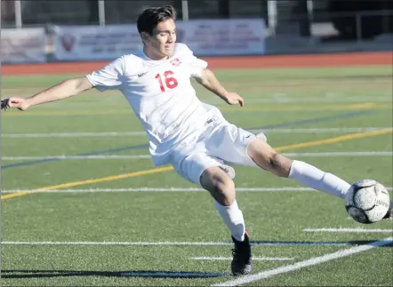  ??  ?? Nikolas Samuels/The Signal (Above) Hart’s Dillon Vega (16) kicks the ball down field during a home game against Righetti on Friday. (Bottom) Hart’s Steven Kayvanfar (15) fights for a header during a home game against Righetti. (Left) Hart’s Erik...