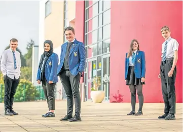  ??  ?? WINNING TEAM: Grove Academy pupils, from left: Harry Leadingham, Iqra Al Taf, Jack Anderson, Ella Matthews and Finlay Ross. Picture by Kim Cessford.