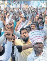  ??  ?? School and college teachers across the city protest at Azad Maindan. PIC: BL Soni