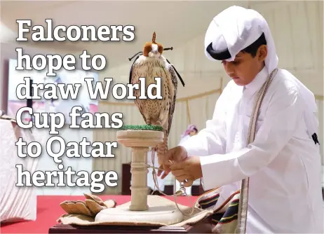  ?? — AFP photos ?? A contestant handling a falcon during a junior falconry competitio­n in Ras Laffan, some 80km north of Doha.