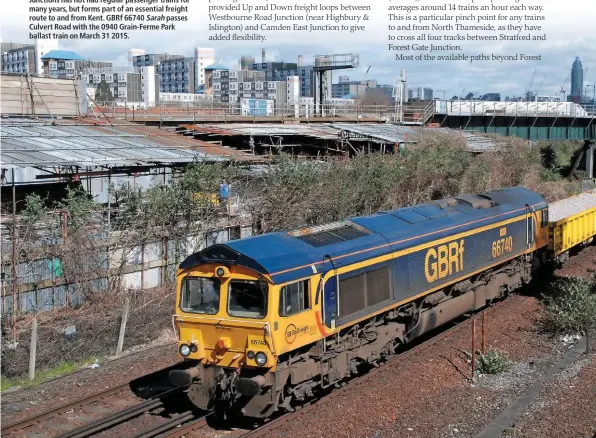  ??  ?? The line between Latchmere and Longhedge Junctions has not had regular passenger trains for many years, but forms part of an essential freight route to and from Kent. GBRf 66740 Sarah passes Culvert Road with the 0940 Grain-Ferme Park ballast train on...