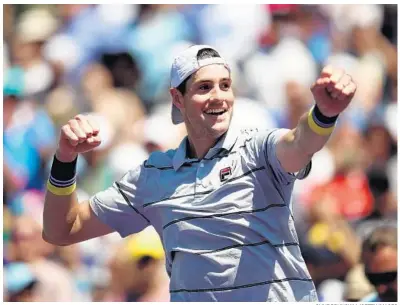  ?? CLIVE BRUNSKILL/GETTY IMAGES ?? John Isner celebrates after defeating Juan Martin Del Potro 6-1, 7-6 (2) in the men’s semifinals at the Miami Open on Friday. The 14thseeded American will face fourth-seeded Alexander Zverev, who had 10 aces in his 7-6 (4), 6-2 win over Pablo Carreno Busta.