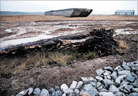  ?? TERRENCE ANTONIO JAMES/CHICAGO TRIBUNE PHOTOS ?? A barge sits north of Cairo, Illinois, on Nov. 6. Barges have been stranded there since July, after a levee failed and they were sucked through the breach.