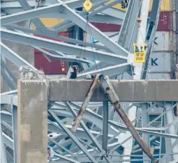  ?? JERRY JACKSON/STAFF ?? Demolition experts are hoisted over section of the Francis Scott Key Bridge to be cut Sunday as the process to clear the wreckage gets underway.