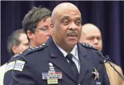  ??  ?? Chicago Police Superinten­dent Eddie Johnson speaks at police headquarte­rs Thursday after actor Jussie Smollett turned himself in on charges of disorderly conduct and filing a false police report. TERESA CRAWFORD/AP