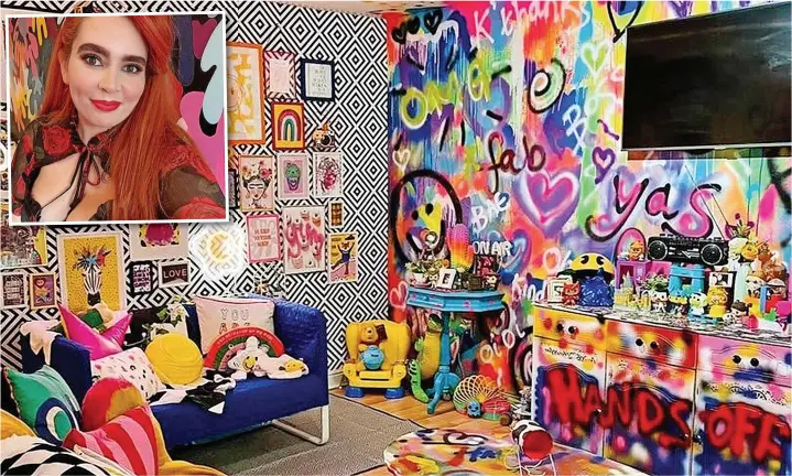  ?? LatestDeal­s.co.uk ?? Tasha McBrinn (inset) has created a ‘colourful grunge graffiti’ living room in a DIY makeover that cost her around £300