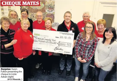  ??  ?? Surprise Karen Fulton presenting the cheque to Lizzie Adrain ( right)
201217Rive­rside_ 1