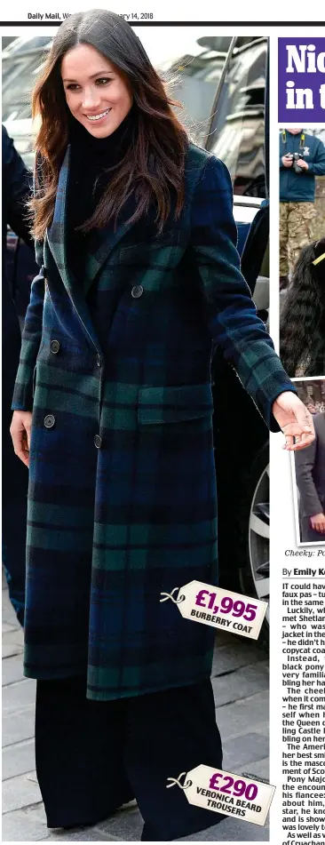  ??  ?? Checkmate: Meghan Markle was wrapped up against the chill in a tartan coat and flared trousers in Edinburgh yesterday