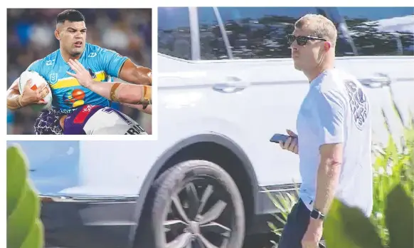  ?? ?? Former world surfing champion Mick Fanning arrives at the Parkwood facility that is home to the Titans NRL club. Fanning is a big Penrith Panthers fan, the club that has been courting Gold Coast big man David Fifita (inset).