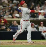  ?? GREGORY BULL — THE ASSOCIATED PRESS ?? Tommy Joseph homers for the Phillies in the ninth inning against the San Diego Padres on Tuesday.