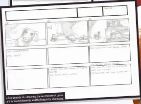  ??  ?? the second row of boxes Storyboard­s of cutscenes, the bottom for shot notes. are for sound elements and