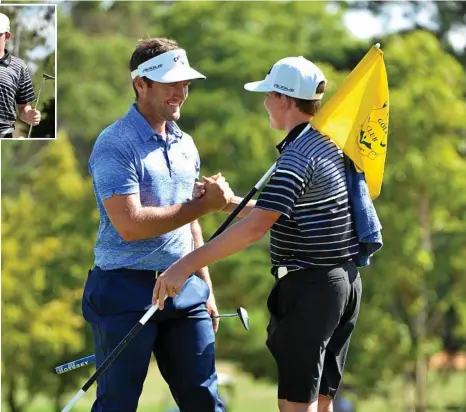  ?? PHOTO: KEVIN FARMER ?? TOP TEAM: Queensland PGA Championsh­ip caddie Ben Milner (inset) and Victorian profession­al Josh Young shake hands at the finish of the tournament at City Golf Club.