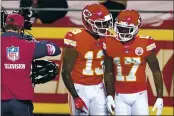  ?? ORLIN WAGNER — THE ASSOCIATED PRESS ?? Chiefs wide receiver Mecole Hardman (17) celebrates with teammate Byron Pringle after catching a touchdown pass during the first half of the AFC championsh­ip against the Bills on Sunday in Kansas City, Mo.