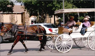  ??  ?? This horse-drawn carriage was part of the 2014 Lincoln Rodeo parade.